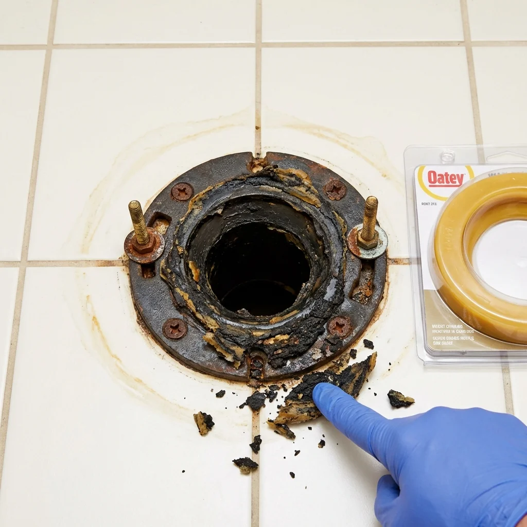 Failed wax ring showing water seepage at the base of a toilet in a Yale, MI home
